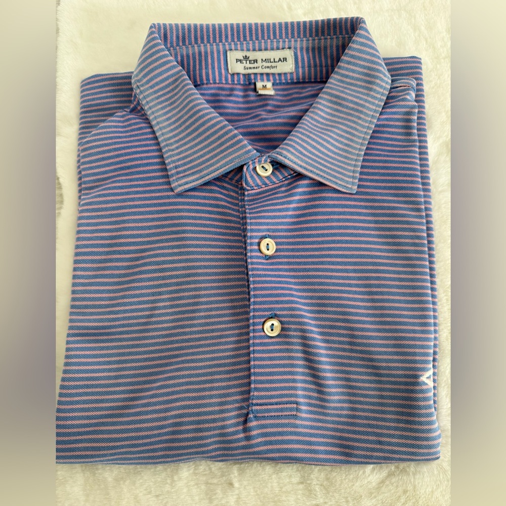 Peter Millar Men's Polo Shirt - Blue and Pink Stripes